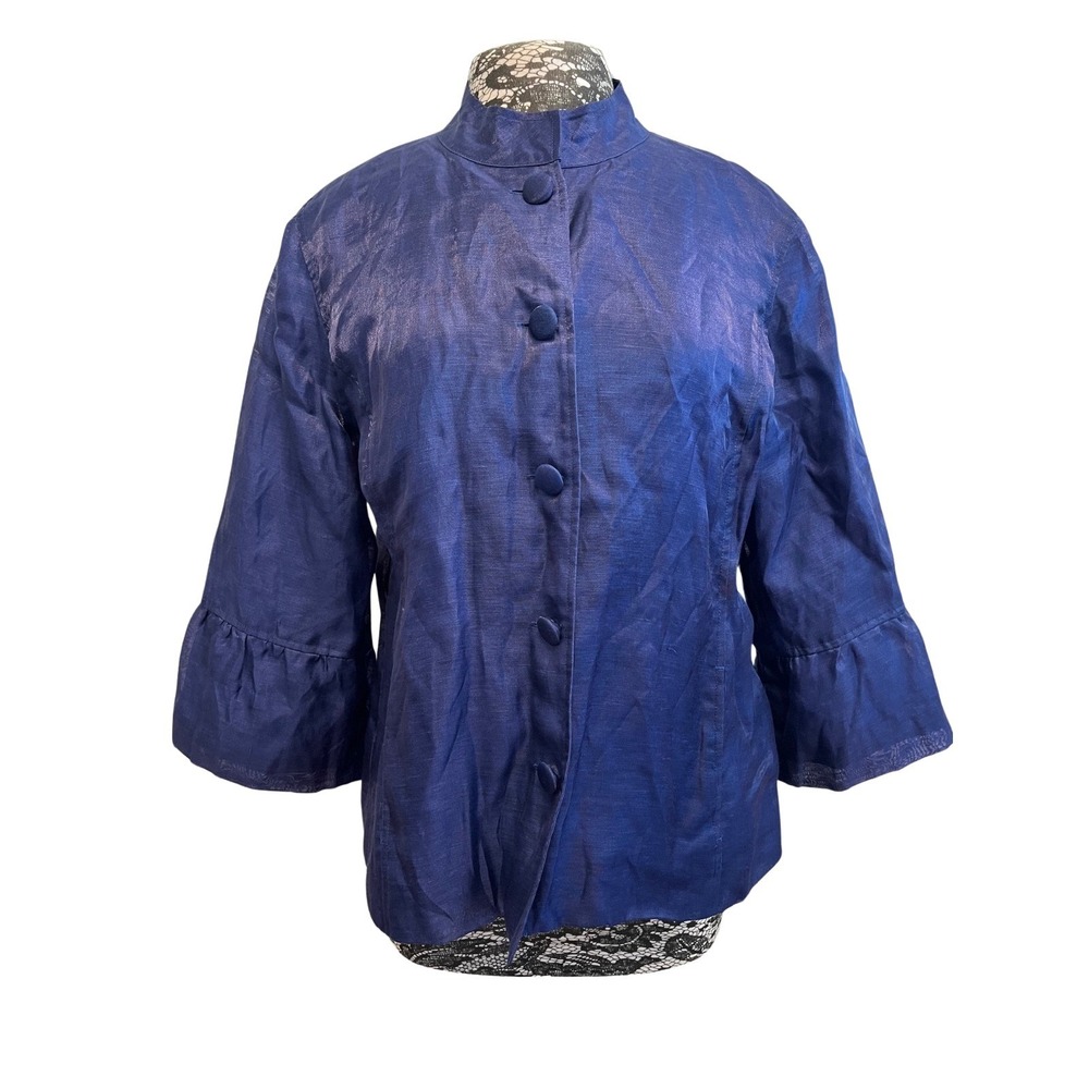 Chico's Blue Linen Blend Shacket Size M Office Lightweight Old Money Artsy Chic